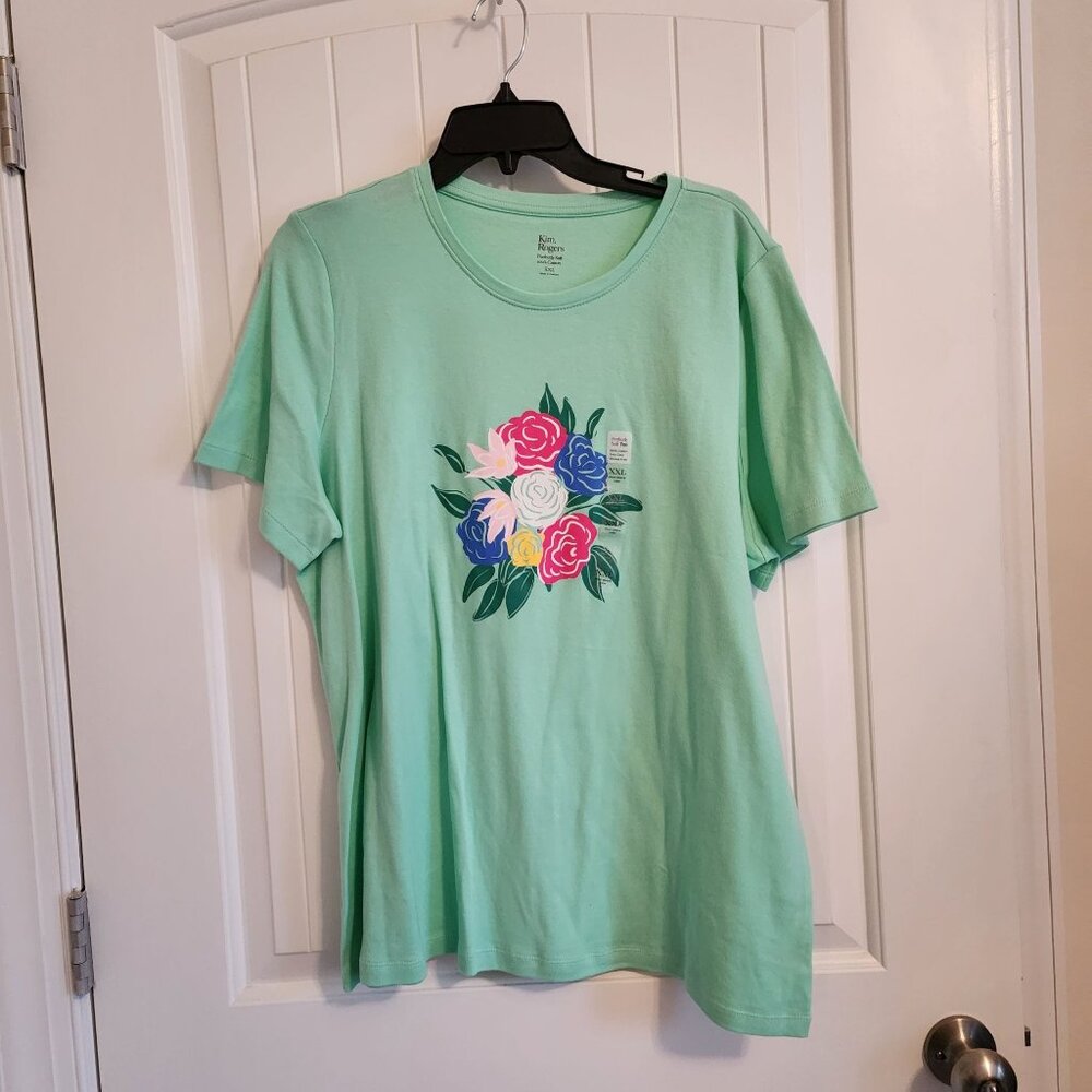 Kim Rogers Green T shirt with Flower pattern Size XXL